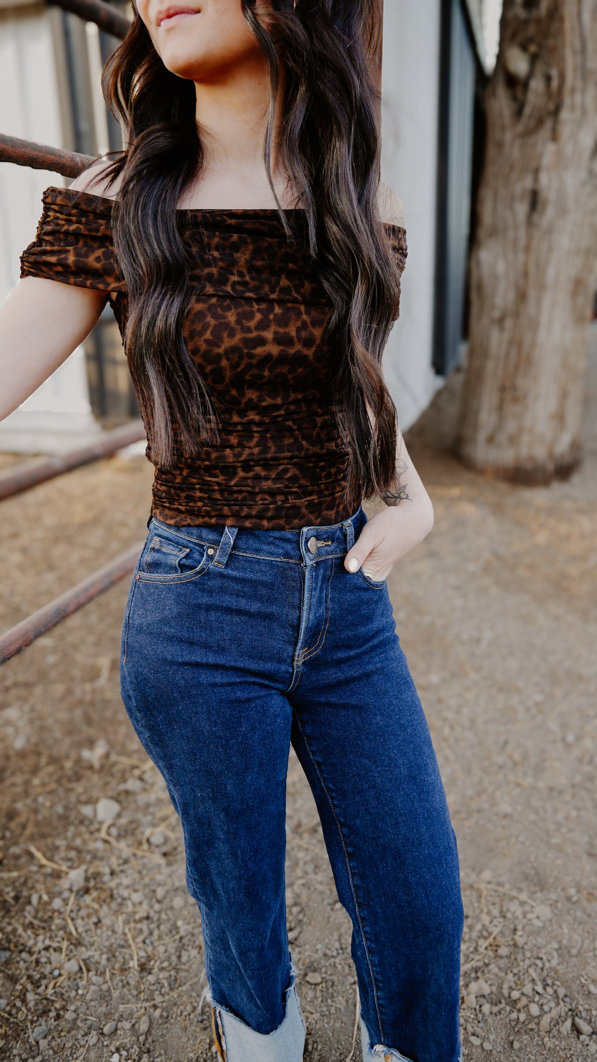 THE BRI OFF-SHOULDER RUCHED ANIMAL PRINT KNIT TOP