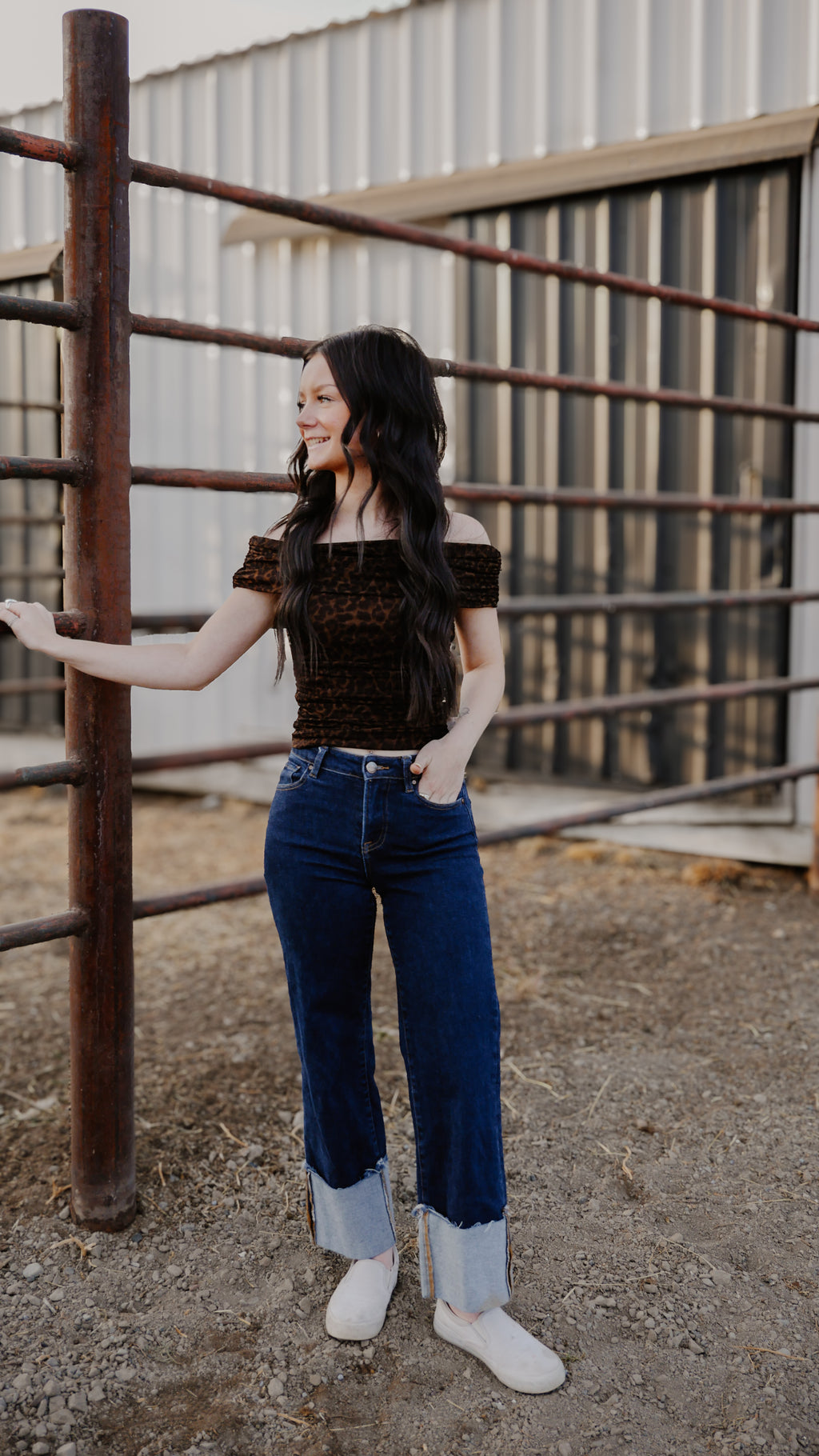 THE BRI OFF-SHOULDER RUCHED ANIMAL PRINT KNIT TOP