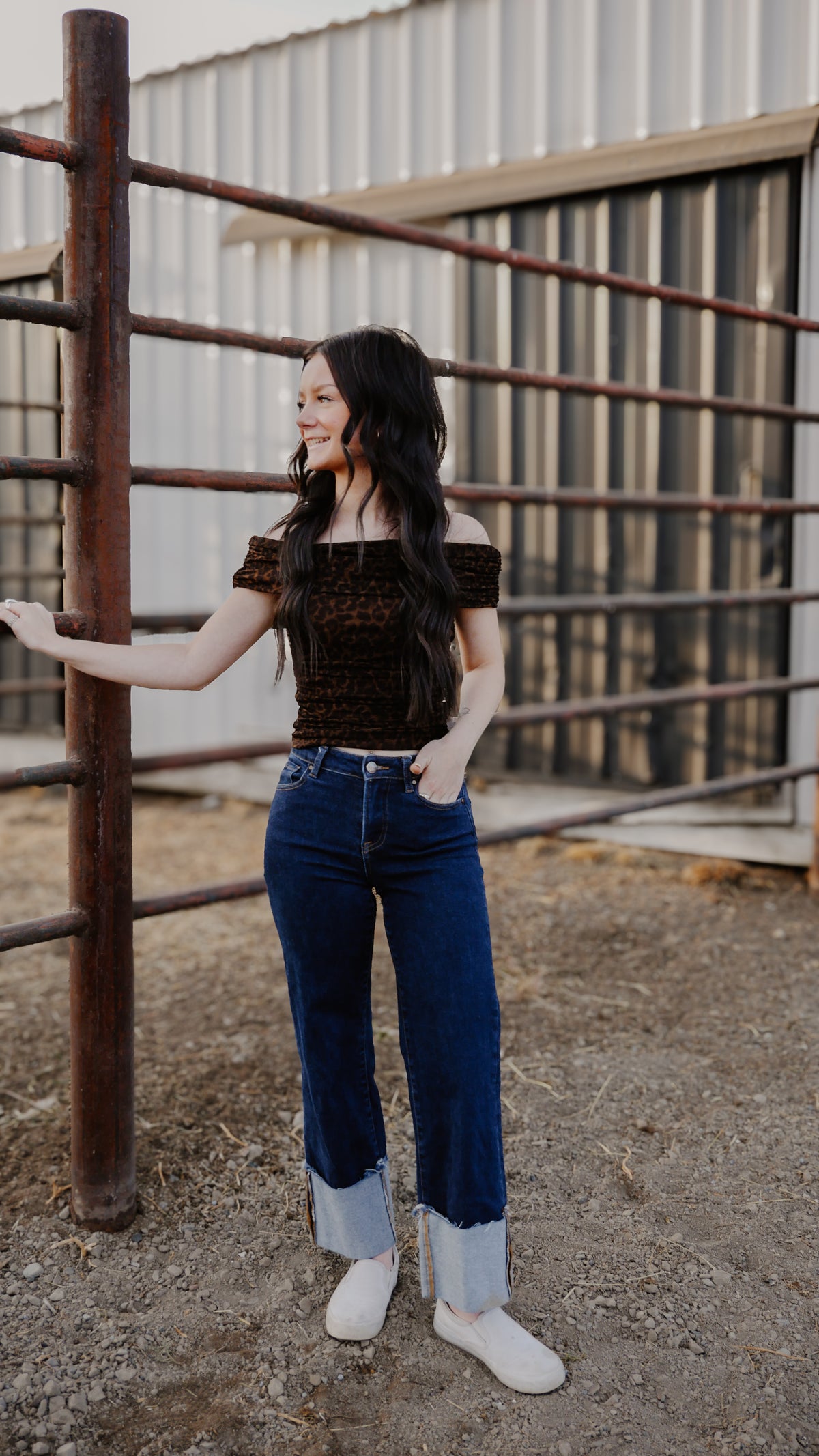 THE BRI OFF-SHOULDER RUCHED ANIMAL PRINT KNIT TOP