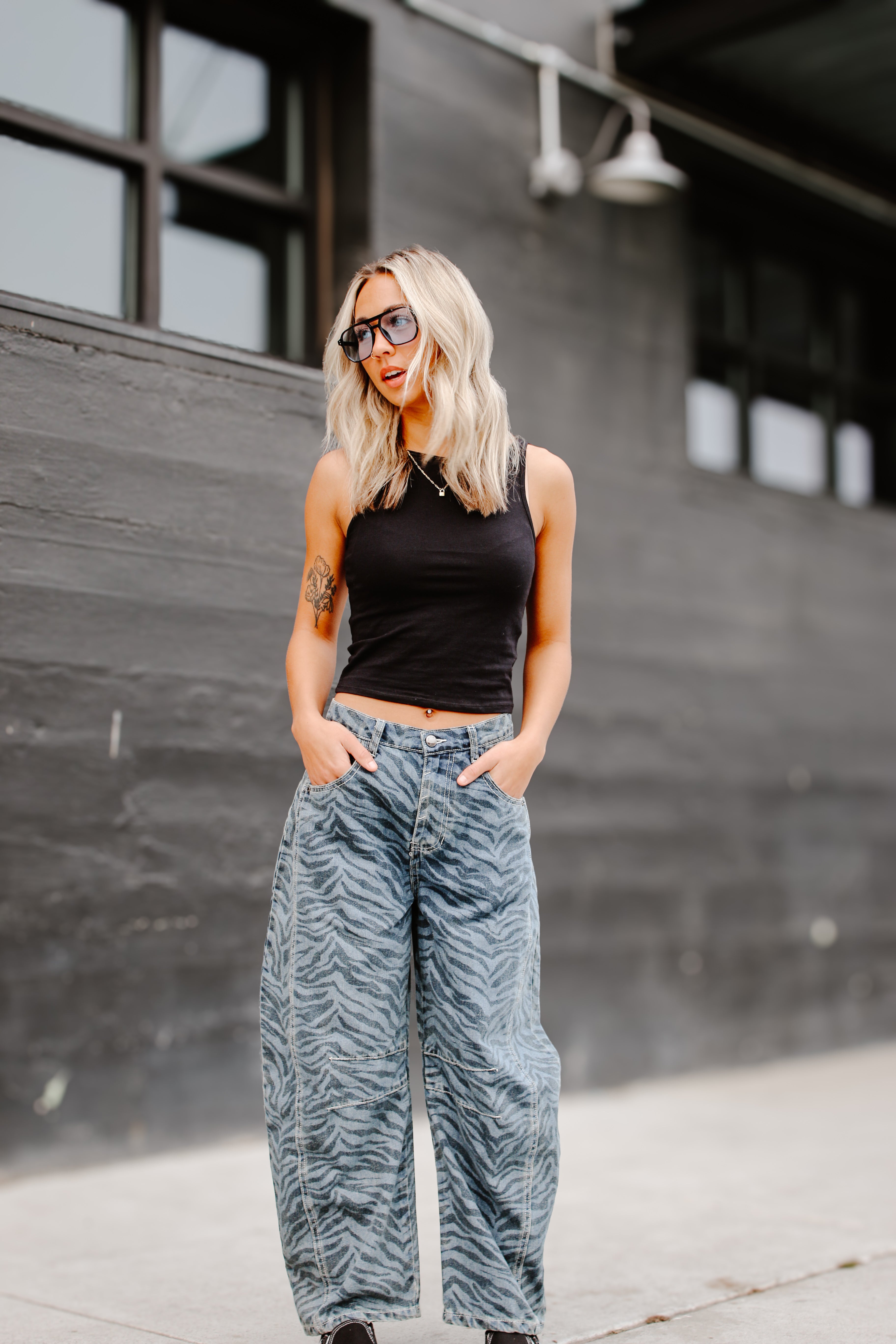 JADEN ZEBRA PRINT BARREL JEANS