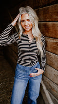BUTTON DOWN CREW NECK STRIPED LONG SLEEVE KNIT TOP