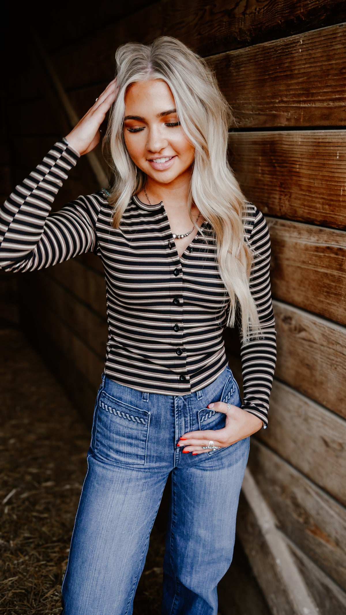 BUTTON DOWN CREW NECK STRIPED LONG SLEEVE KNIT TOP