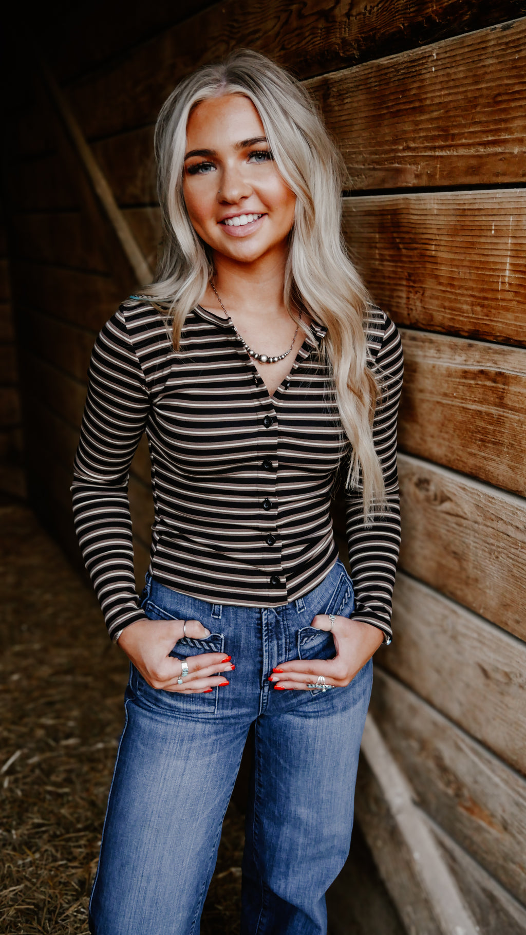 BUTTON DOWN CREW NECK STRIPED LONG SLEEVE KNIT TOP